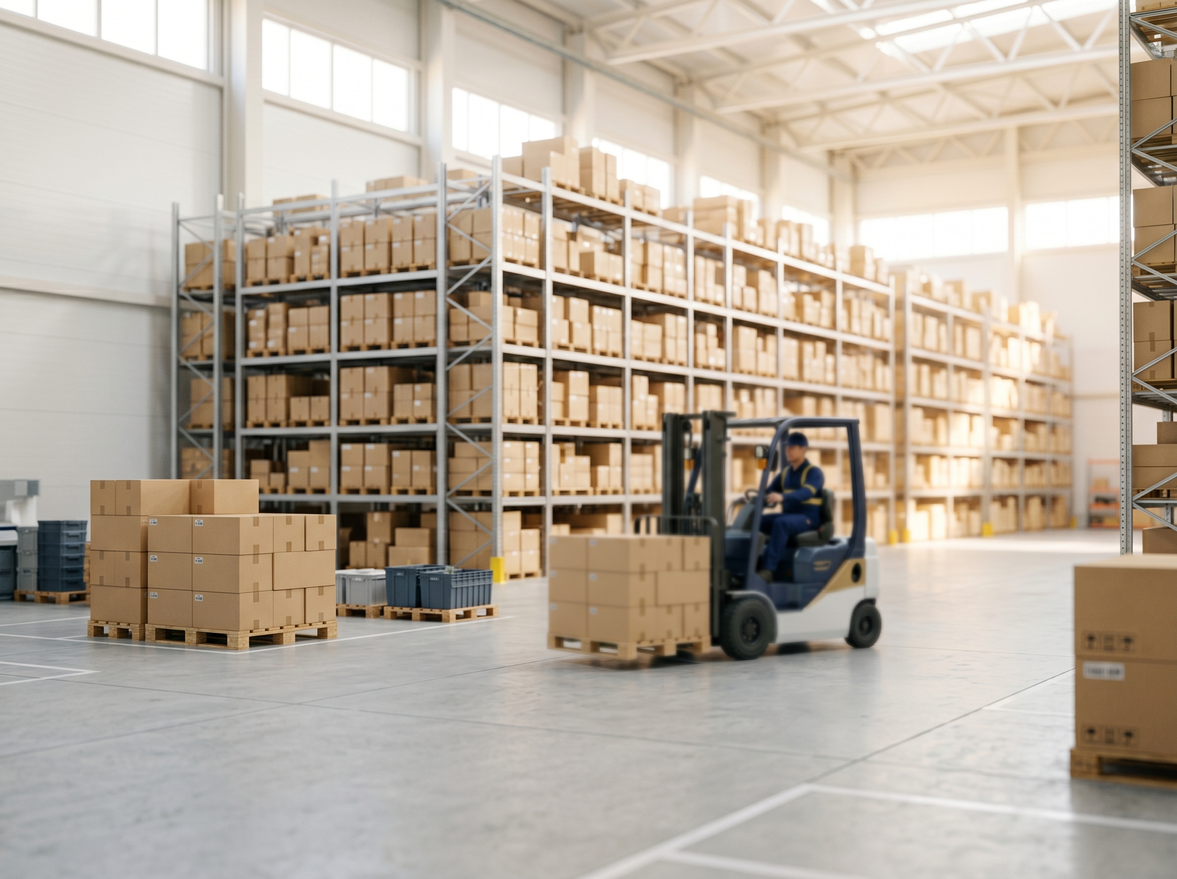 Forklift moving palletized boxes through a stocked distribution warehouse